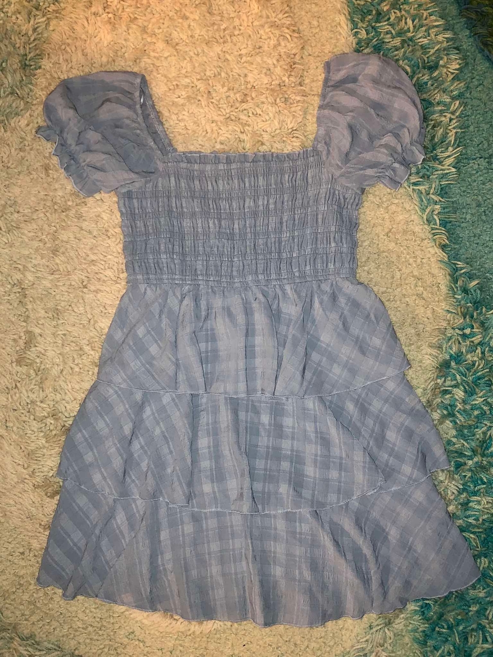 Girls' Light Blue Smocked Tiered Dress with Puff Sleeves